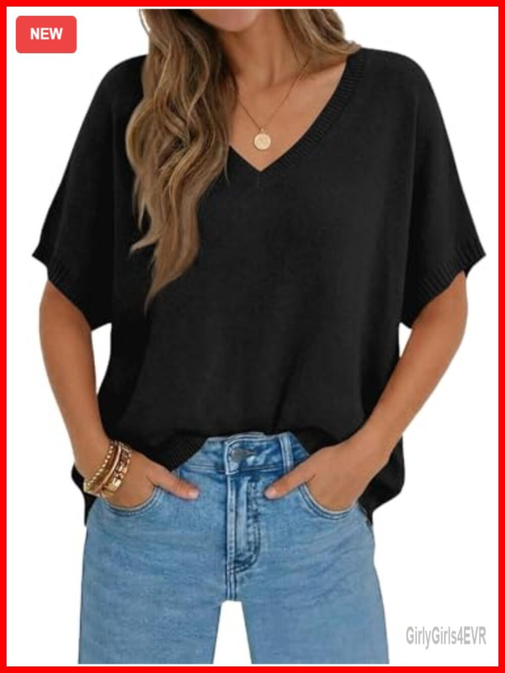 Women's Oversized Short Sleeve V-Neck Lightweight Knit Sweater Casual Summer